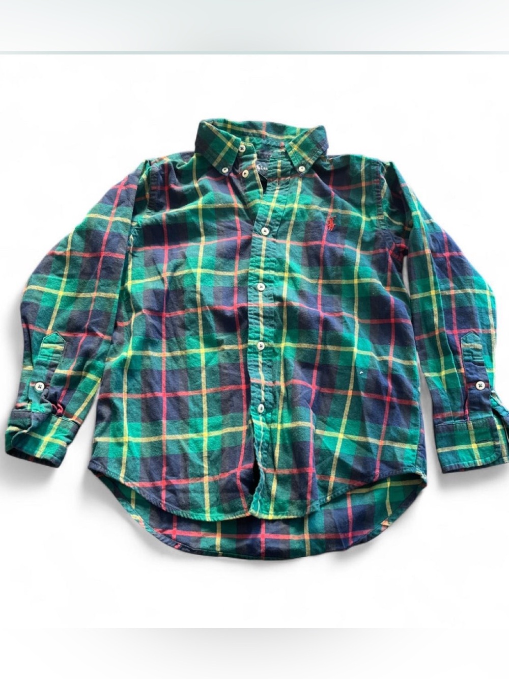 Boys Ralph Lauren Green and Navy Plaid Button-Down Shirt with Red Accents